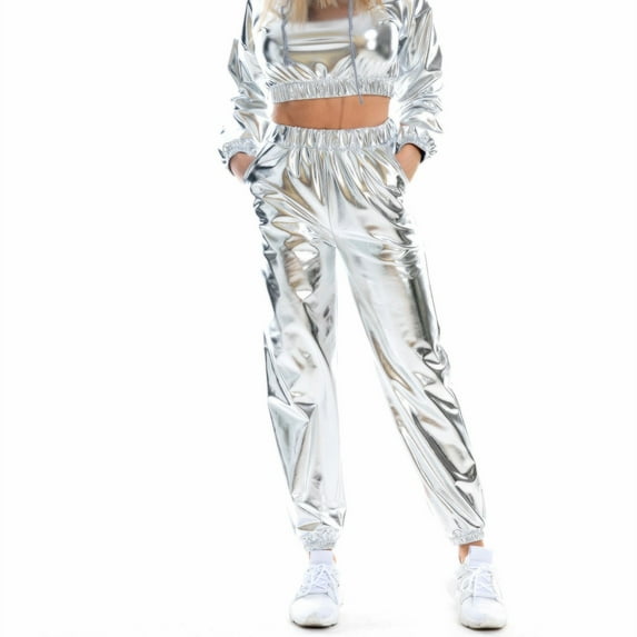 Reduce Price Hfyihgf Womens Shiny Metallic High Waist Stretchy Jogger Pants Wet Look Hip Hop Club Wear Holographic Trousers Sweatpant(Silver,L)