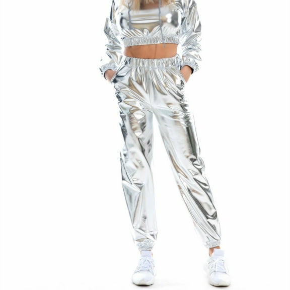 Reduce Price Hfyihgf Womens Shiny Metallic High Waist Stretchy Jogger Pants Wet Look Hip Hop Club Wear Holographic Trousers Sweatpant(Silver,L)