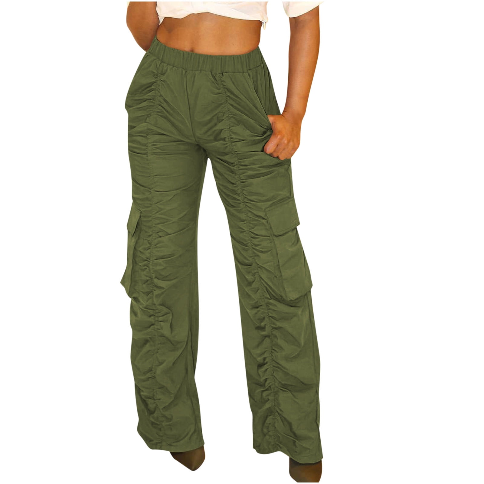 Reduce Price RYRJJ Baggy Parachute Pants for Women Elastic Hight Waist