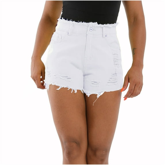 RYRJJ Denim Shorts for Women Women's Juniors Jean Shorts Frayed Raw Hem Ripped Jean Shorts Hot Shorts High Waisted Shorts(White,S)