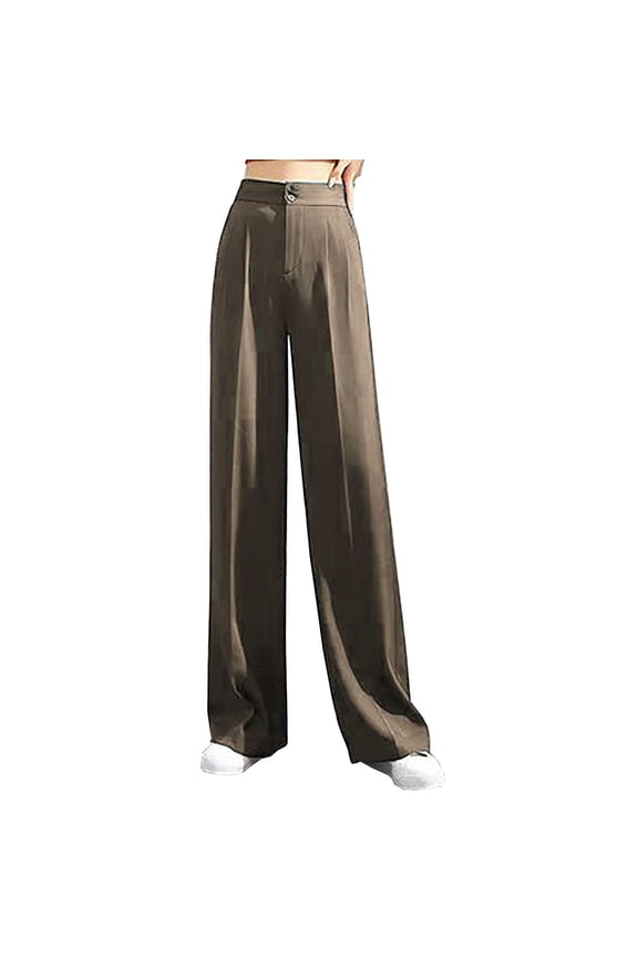 Women's Casual Wide Leg Pants High Waisted Button Down Straight Trousers Business Work Long Dress Pants(Khaki,XXL)