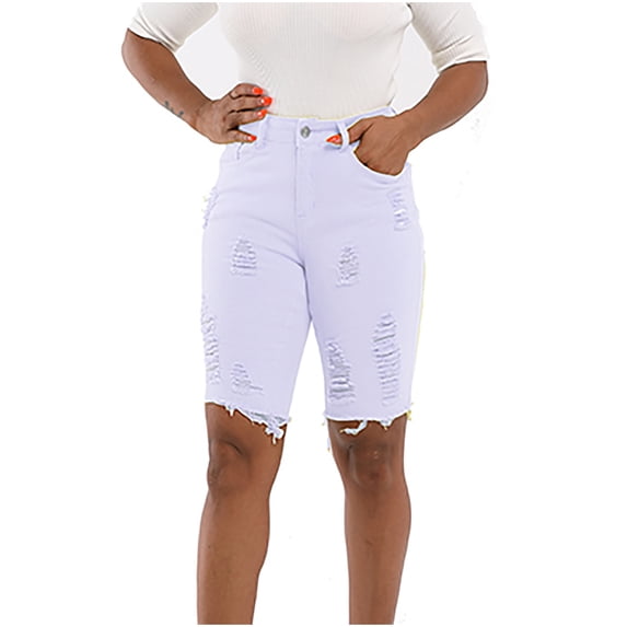 RYRJJ Women's High Waist Ripped Denim Shorts Frayed Hem Destroyed Knee Length Stretch Short Jeans Casual Bermuda Shorts(White,S)