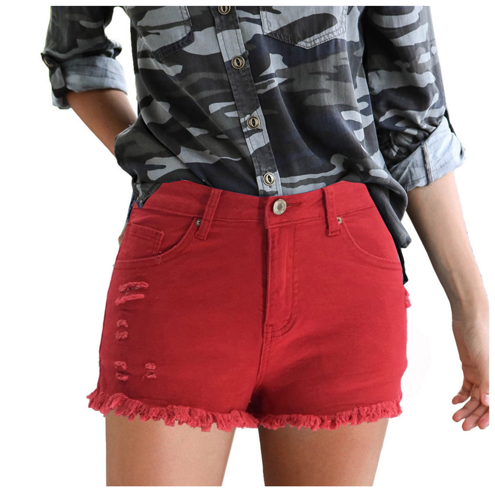 Reduce Price RYRJJ Women s Ripped Denim Shorts High Waist Stretch Distressed Jean Shorts Casual Raw Hem Frayed Short Jeans with Pockets Red XXL