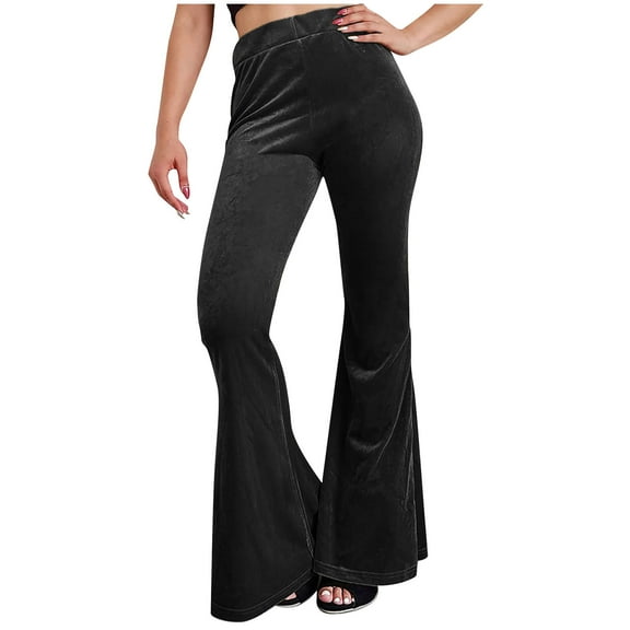 RYRJJ Women's Velvet Elastic Waist Flare Leg Palazzo Long Pants Yoga Loungewear Stretchy Slim Bodycon Bell Bottom Trousers(Black,XL)