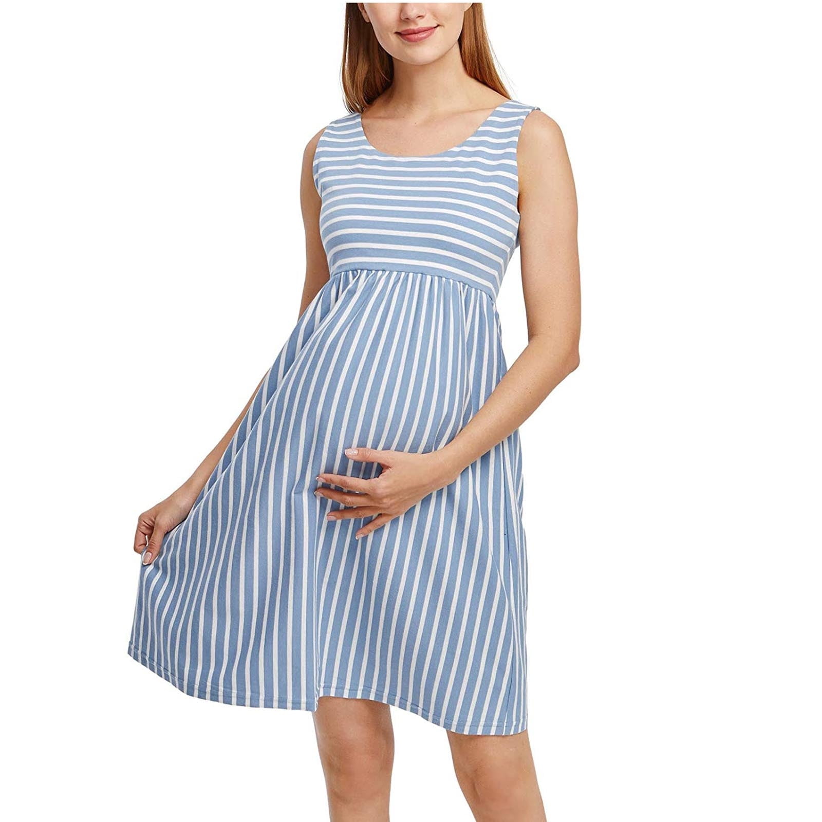 blue and white striped maternity dress Angel Maternity Freya Maternity Tiered Cotton Shirt Dress In Blue Stripe main image 0