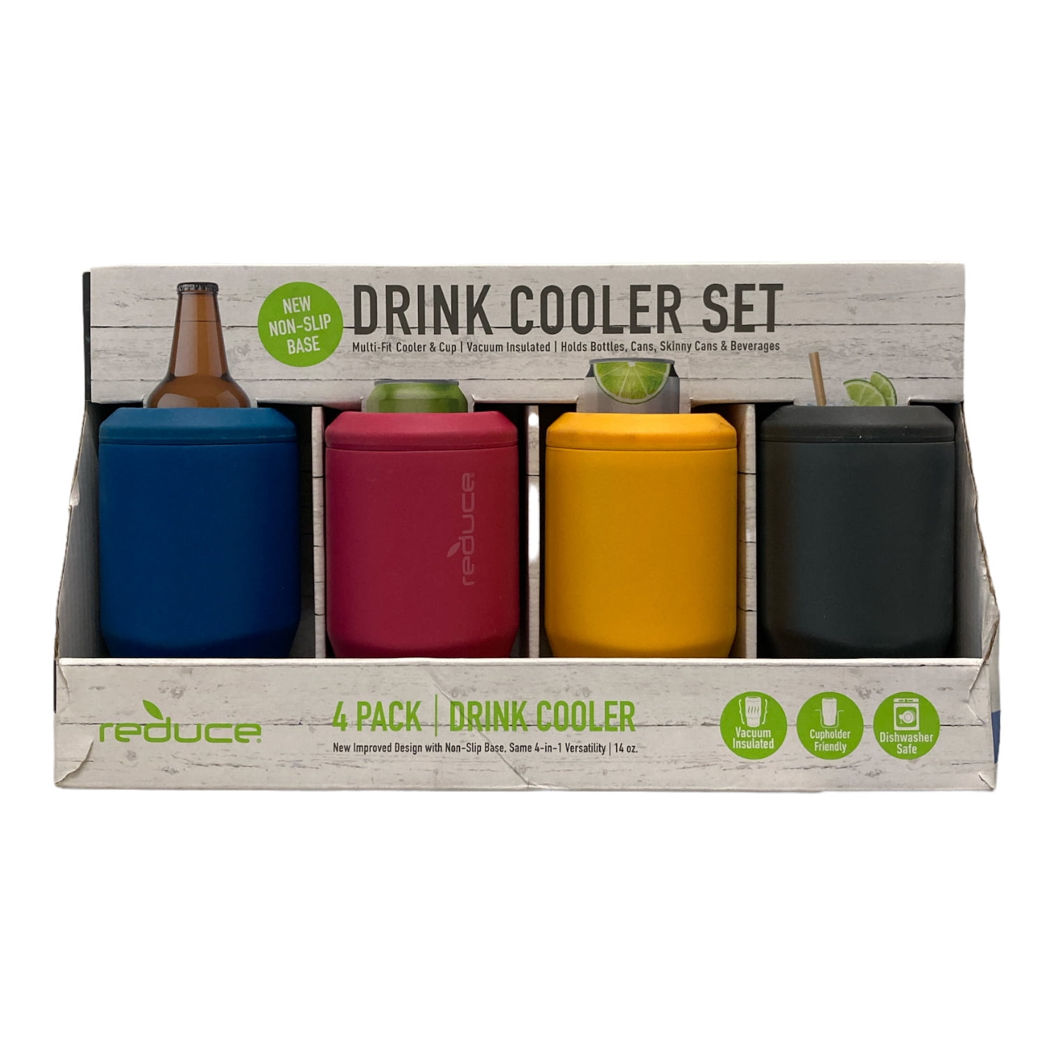 REDUCE 14 oz. Vacuum Insulated Stainless Steel Drink Cooler, 4 Pack  Built-in Bottle Opener whit Non-Slip Base 4-in-1 Versatility Colors