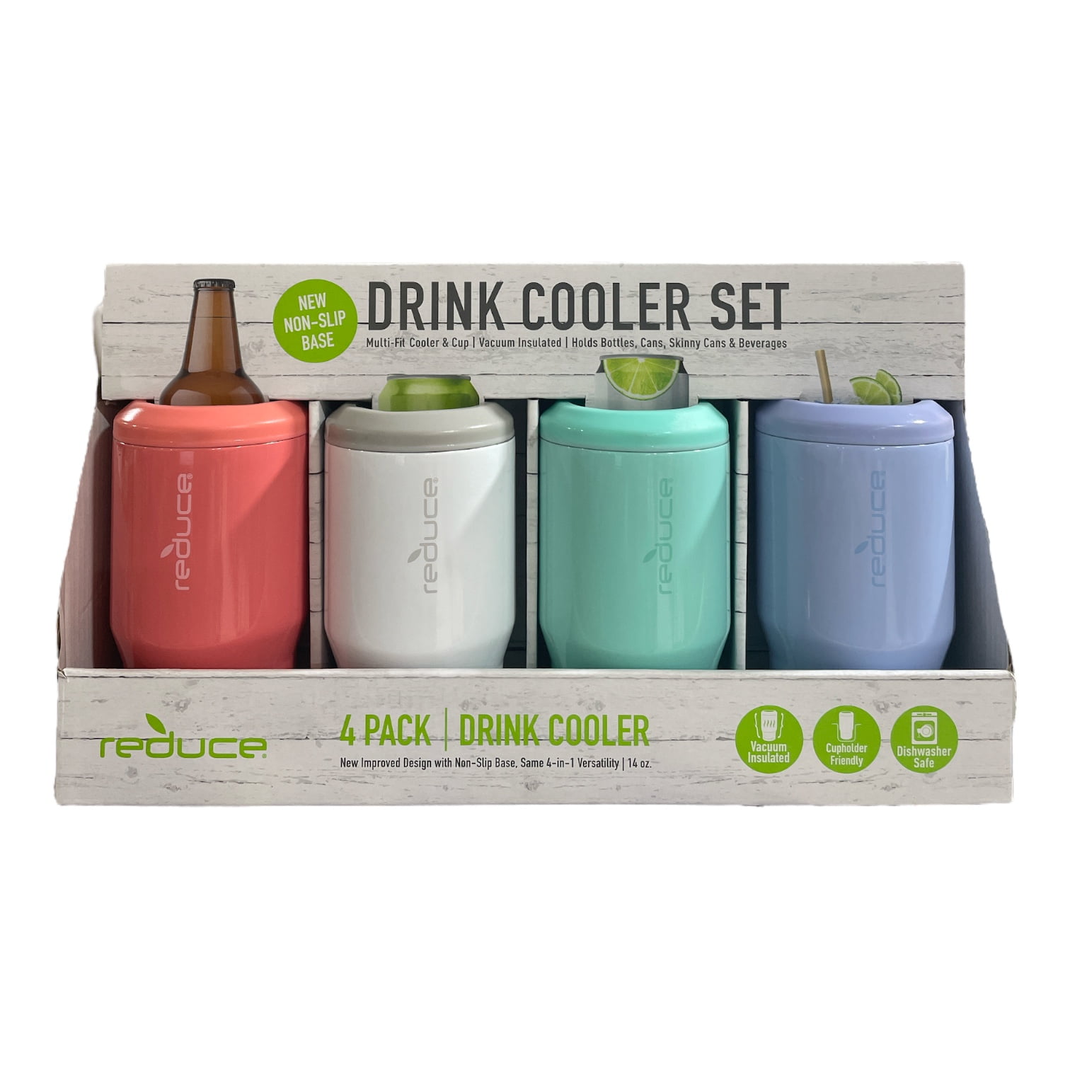 Reduce 14oz 4 pack Beverage and Drink Cooler, Vacuum Insulated Stainless  Steel, Can insulator, Coozie for Beer, Soda, Energy Drinks, On-the-Go
