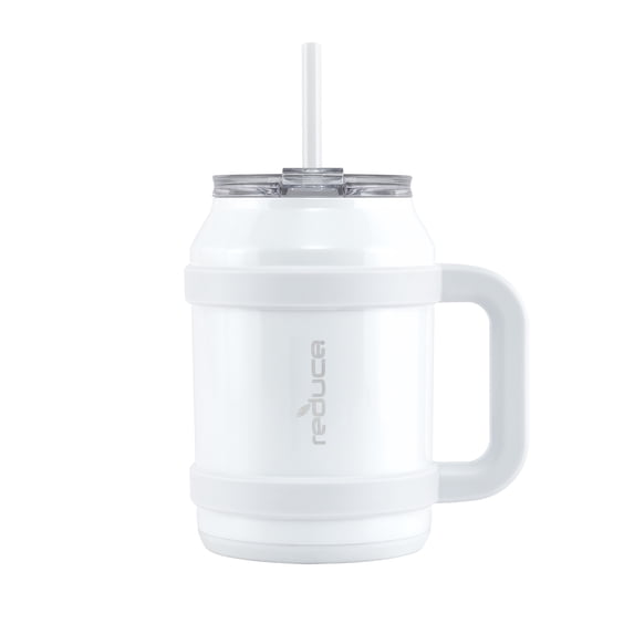 Reduce Vacuum Insulated Stainless Steel Cold1 Mug with Lid and Straw, White, 50 Fluid Ounces