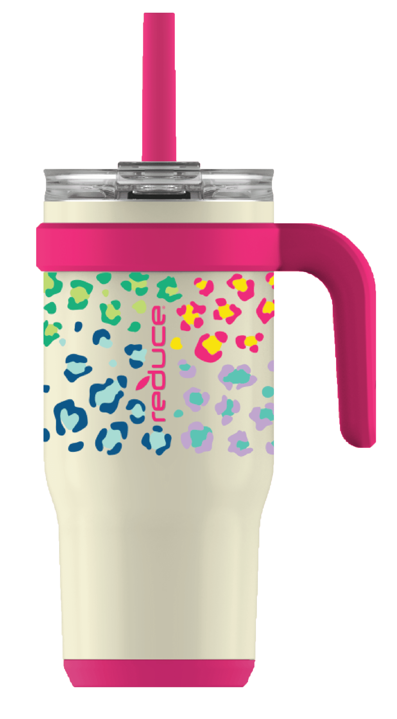Reduce Vacuum Insulated Stainless Steel Coldee Mug with Lid and SpillProof Straw, Cheetah Pink