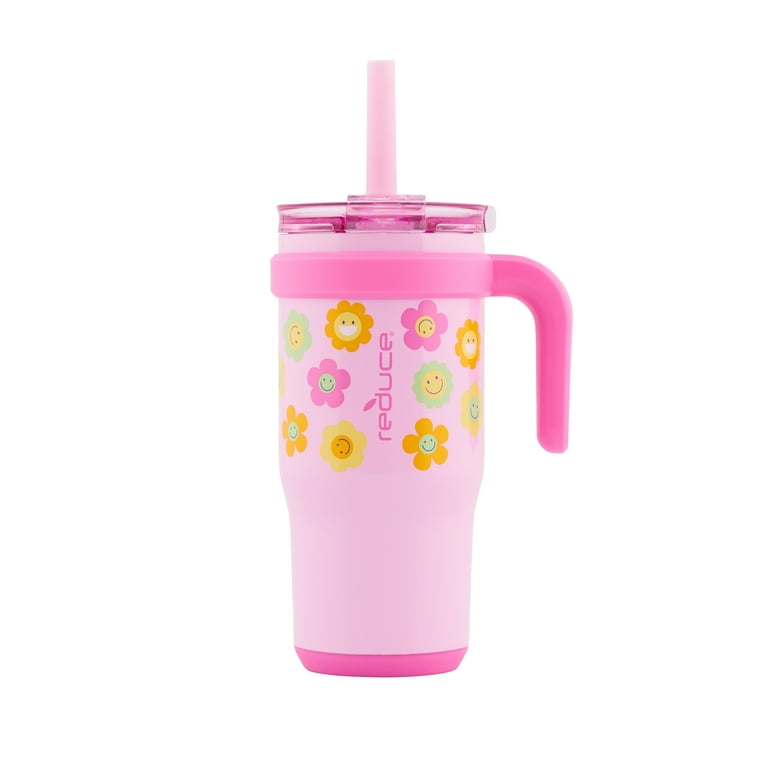 Reduce Vacuum Insulated Stainless Steel Coldee Mug with Lid and Spill-Proof  Straw, Pink Smiley Faces, 18 oz