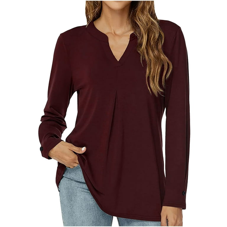 Reduced 2022! Olyvenn Womens Solid Color V-Neck Long Sleeve Button  T-Shirt Tops Plus Size Loose Casual Women's Fashion Autumn Winter Tops Wine  XL