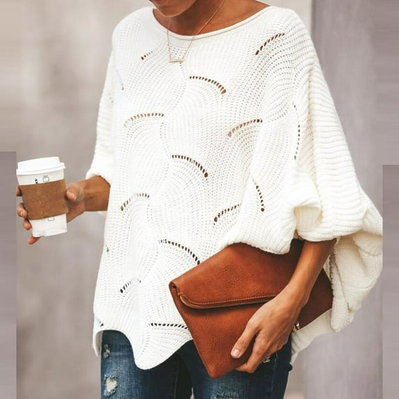 Azrian Loose Knit Batwing Sleeve Sweater with Lace Detailing - Women's Color Casual Hollow Chain Link Loose Knitted Sweater Sweater