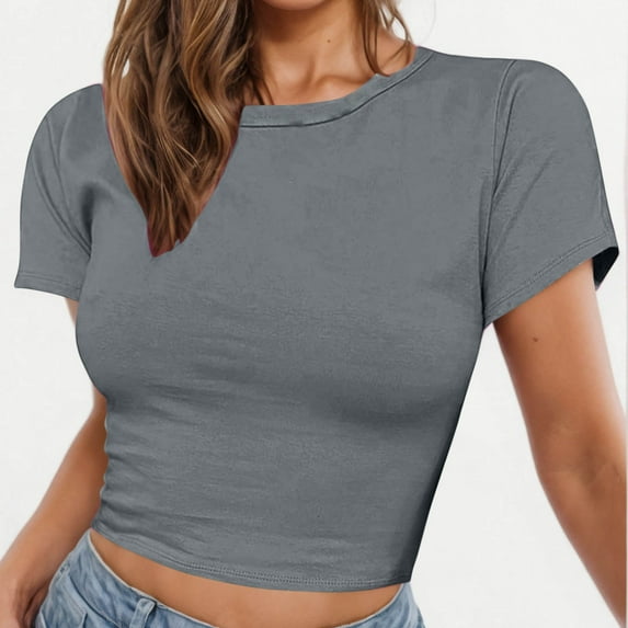 HWRETIE Cropped Ribbed Tank Top with Round Neck - Women Crop Cute Trendy Basic Tight Rounk Neck Crop Blouse Short Sleeve Crop Women's Casual Tops