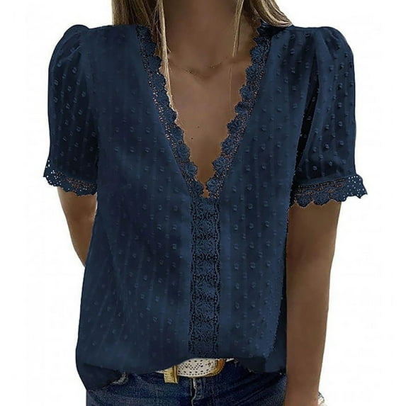 LoyisViDion Womans Shirts Clearance Women Fashion Lace Short Sleeve Casual T-Shirt V-Neck Solid Color Top Navy 10(M)