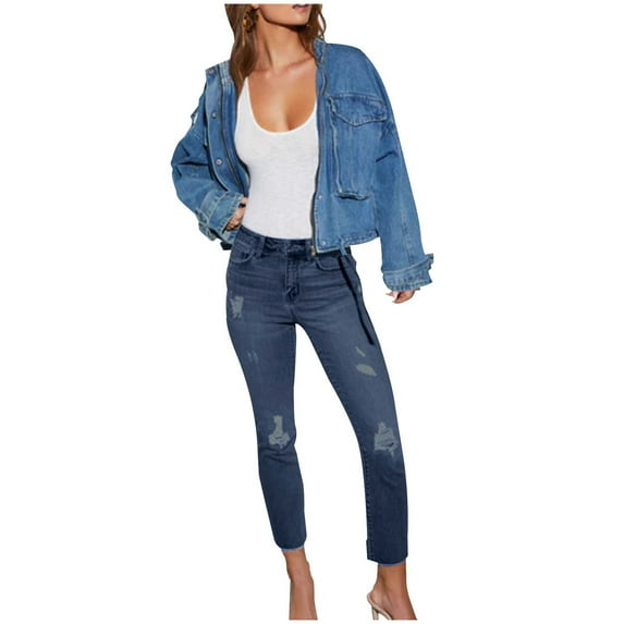 Reduced Price, Women's Solid Color Jeans, Button Zipper, Pockets, Unedged, Puncture-Resistant, Comfort Fit, Casual, Office/Travel, Durable Stretch Material, Women's Comfortable Knit Pants | Blue 2XL