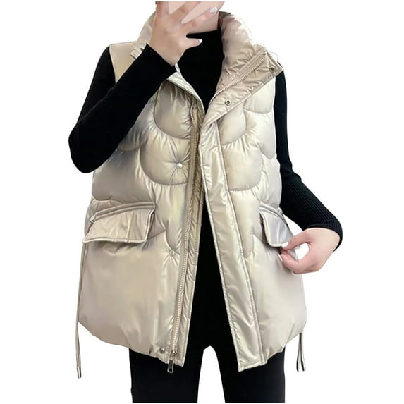 Reduced Price Womens Clothing ! BVnarty Discount Solid Color Hooded Neck Sleeveless Winter Coats Warm Pocket Zipper Buttons Long Vest Fall Fashion 2023 Shacket Jacket Women Tops Sueras Mujer Gold M