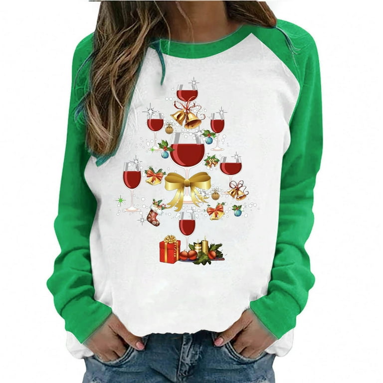 Reduced Price Womens Clothing ! BVnarty Women's Casual Round Neck T-Shirt  Raglan Color Matching Christmas Many Wine Cups Printed Long Sleeve Tops  Green M 