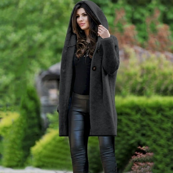 HWRETIE Women's Loose Long Sleeve Sweater Cardigan Hooded Outwear Pure Color Comfortable Knit Top Layer for Casual Work,Home or Outdoor