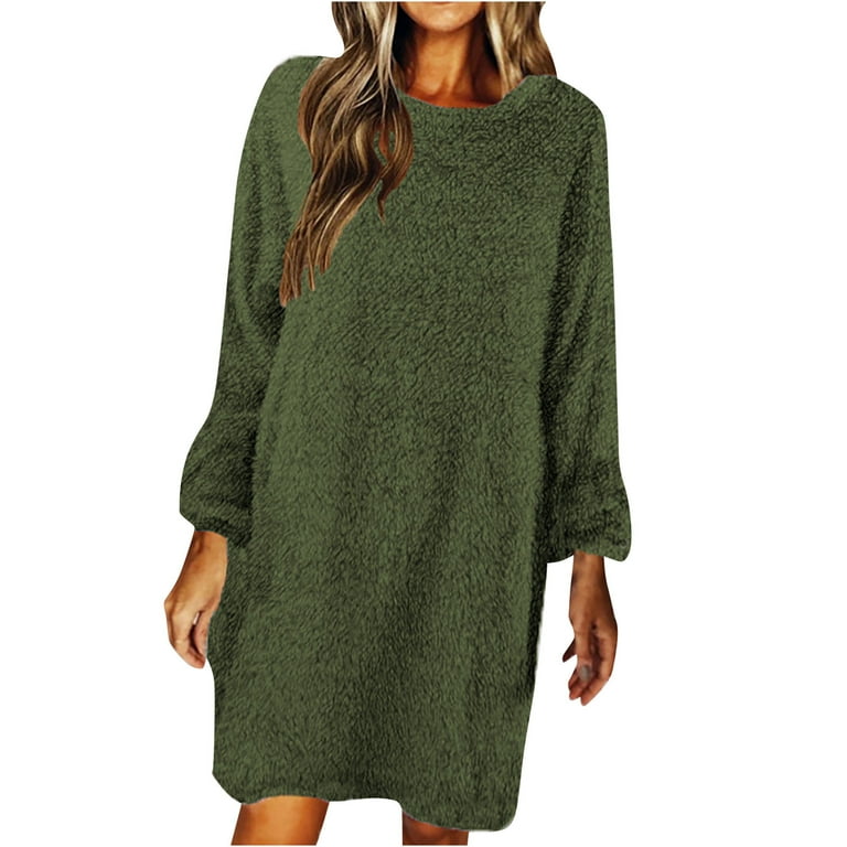 Reduced Price and Clearance Sale Sweater Dress for Women Knee Length Plus  Size Long Sleeve Shirts Casual Plain Color Fleece Warm Crewneck Sweatshirts