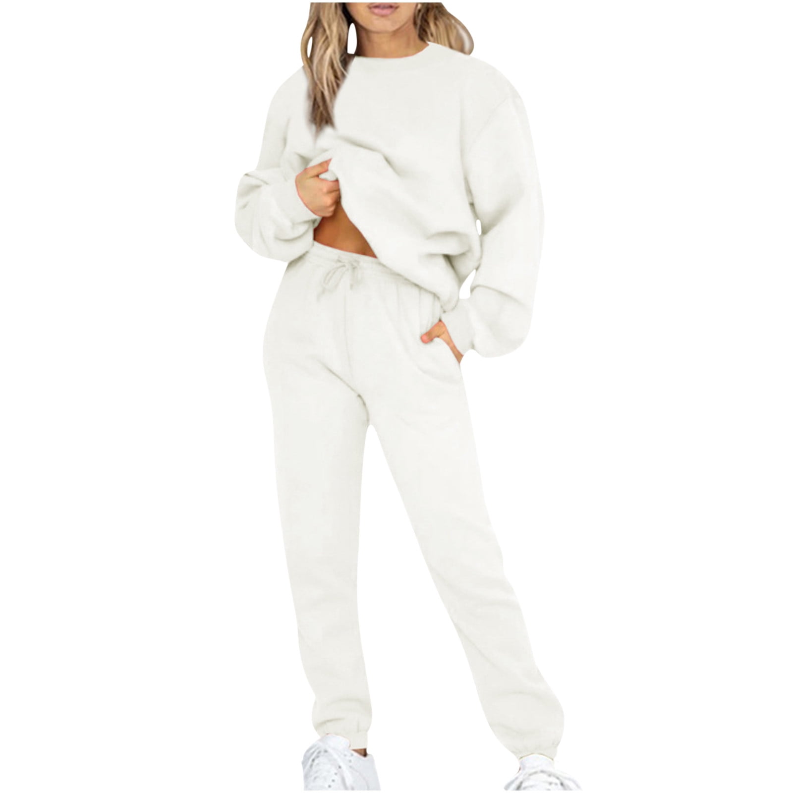 Reduced RQYYD Joggers for Women 2 Piece Set Long Sleeve Pullover  Sweatshirts and Sweatpants Outfits Active Wear Solid Casual Tracksuit Set(White,XXL)  