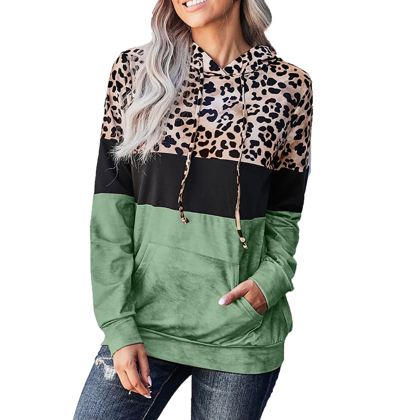 Reduced RQYYD Women s Casual Color Block Hoodies Tops Casual Long Sleeve Leopard Print Drawstring Pullover Sweatshirts with Pocket Green M Walmart