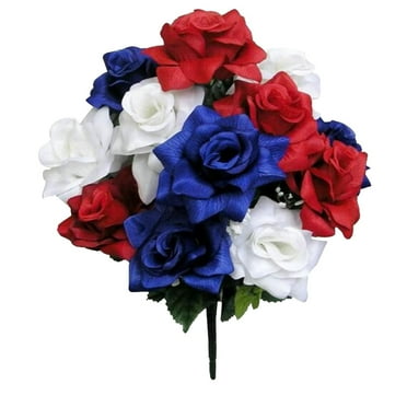 Reduced!VOYOAO Artificial Flowers, Memorial Day Flower Red White Blue Flowers Patriotic Memorial Bouquet 4th of July Flowers for Home Decor, Cemetery, Grave Cemetery Decorations