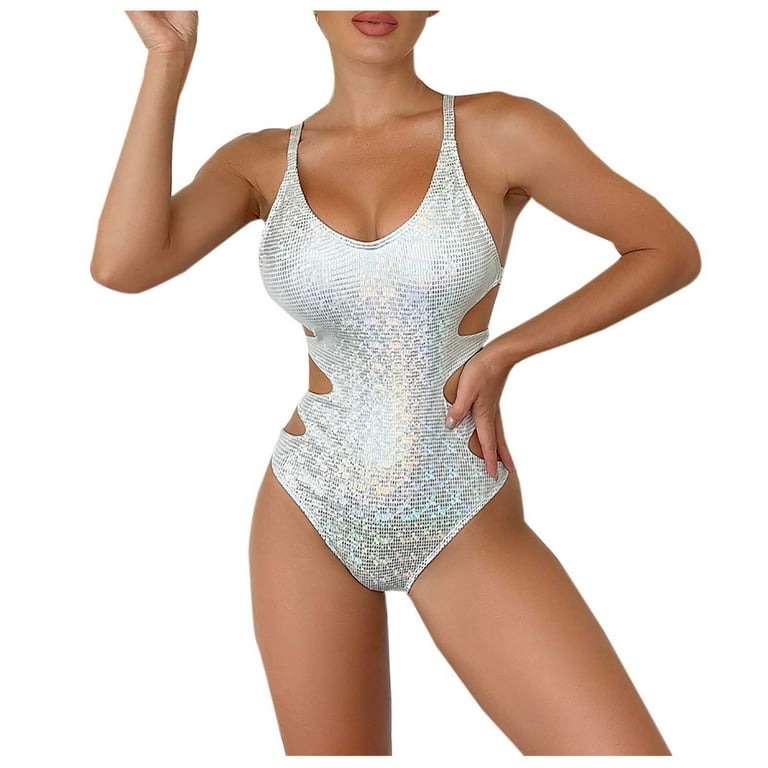 Reduced Women's One Piece Bodysuit Sequin Snake Print Beachwear Hollow Out  Swimwear Sets Summer Fashion Cozy Outfits for Girls Strappy Bathing Suit  Female Leisure White 4 