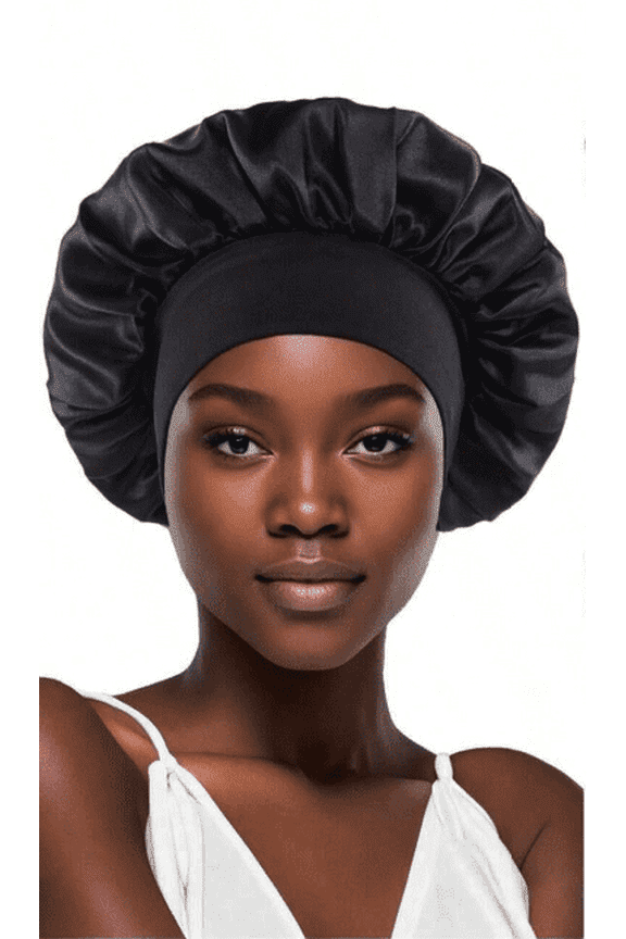 Reduces Frizz and Breakage Wide Elastic Band Satin Sleep Bonnet, Black