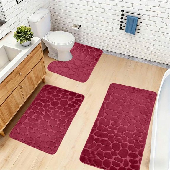 Redwood Cobblestone Bath Mat Set, Memory Foam Non-Slip Absorbent Floor Mats, Washable Quick Dry Bathroom Rugs