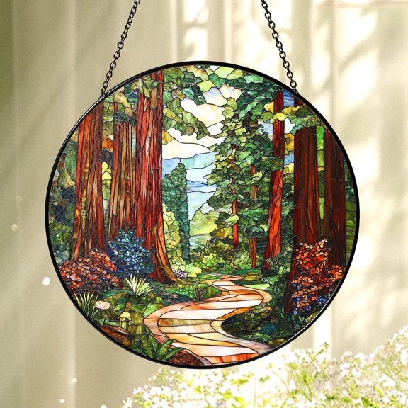 Redwood Forest Glass Suncatcher v2, Nature Tree Window Art, Woodland Landscape Decor, 3.5 in