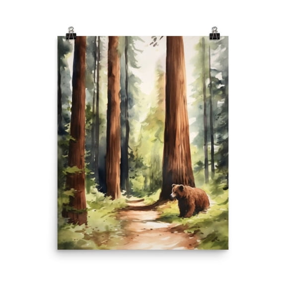 Redwood Forest Print, California Bear Wall Art, National Park Poster, Pacific Northwest Decor, Us Travel Artwork, Wildlife Print Home Decor #3392, Unframed Poster Size 8x12