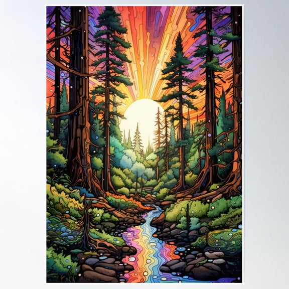 Redwood Forest Psychedelic Art Poster Wall Art, Modern Wall Decor, 12x18 UNFRAMED