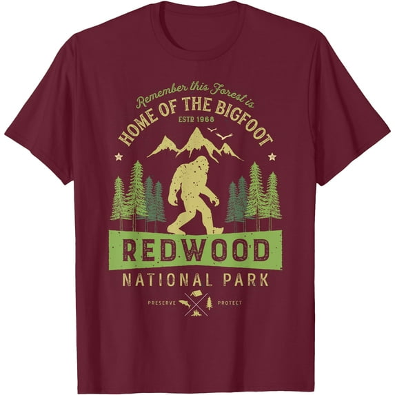 Redwood National Park Vintage California Bigfoot Unisex T-Shirt for Men Women Kids Toddler,Maroon Color,Size 2XL