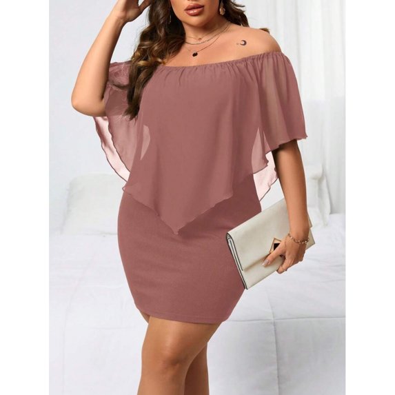 Redwood Plus Size Off-Shoulder Fitted Mini Dress With Sheer Flounce Overlay