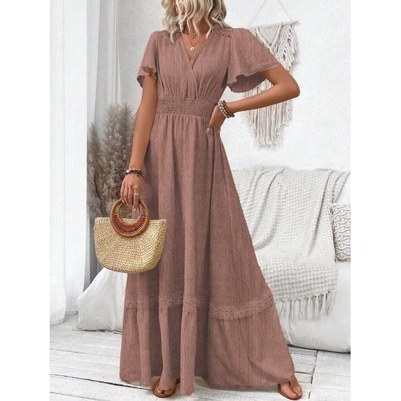 Redwood V-Neck Flutter Sleeve Maxi Dress With Lace Trim And Smocked Waist