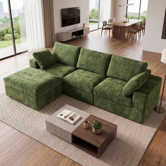 ReeQuo 120" Boneless Cloud Couch, Oversized Modular Sectional Sofa with Double Layer Cushions, 28’’ Deepseat, Removable Covers, 4 Seater Soft Comfy L Shaped Couch for Living Room, No Assembly -Green