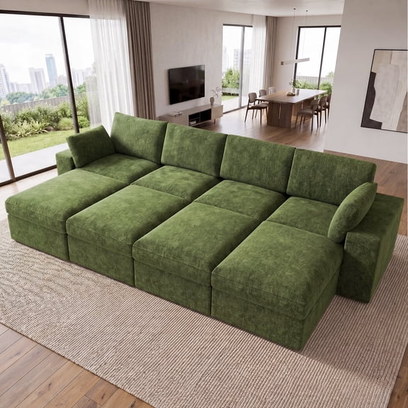 ReeQuo 150" Sleeper Sofa Boneless Cloud Couch, Oversized Modular Sectional Sofa with Double Layer Cushions, 28’’ Deepseat, Removable Covers, 8 Seater Soft Comfy Sofa Bed for Living Room - Green