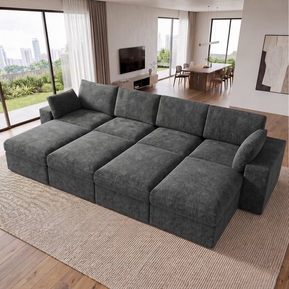 ReeQuo 150" Sleeper Sofa Cloud Couch, Oversized Modular Sectional Sofa with Double Layer Cushions, 28’’ Deepseat, Removable Covers, 8 Seater Soft Comfy Sofa Bed for Living Room - Dark Grey