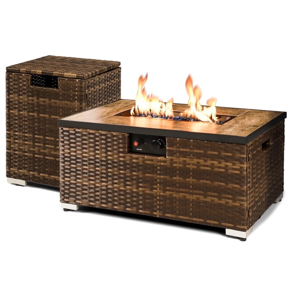 ReeQuo 32inch Wicker Rattan Fire Pit Table with Propane Tank Holder, 2 Piece Handmade Rectangular Firepit with Steel Lid 40,000 BTU Fire Table Set for Patio, Deck, Backyard (Brown)