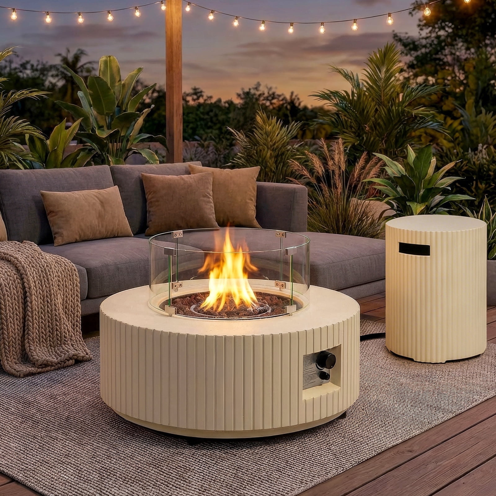 ReeQuo 36'' Outdoor Propane Fire Pit Table Round with Tank Cover Wind Guard, 3-pieces Gas Firepits for Outside Patio, Backyard, Deck
