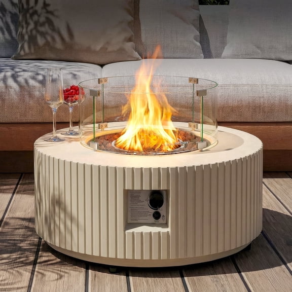 ReeQuo 36inch Round Propane Fire Pit Table with Wind Guard - 50,000 BTU Outdoor Fire Table Concrete Natural Gas Firepit with Steel Lid, Lava Rocks, Rain Cover for Outside Patio, Backyard - Beige