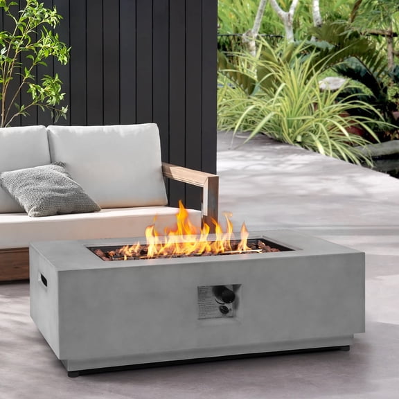 ReeQuo 42" Rectangular Propane Fire Pit , Concrete Fire Table CSA Certified, 50,000 BTU Outdoor Firepits with Steel Lid, Rain Cover, Lava Rocks