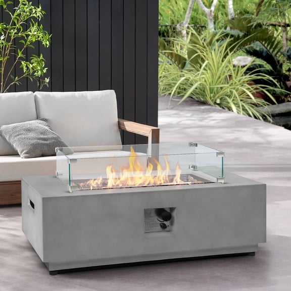 ReeQuo 42" Rectangular Propane Fire Pit with Wind Guard , Concrete Fire Table CSA Certified, 50,000 BTU Outdoor Firepits with Steel Lid, Rain Cover, Lava Rocks