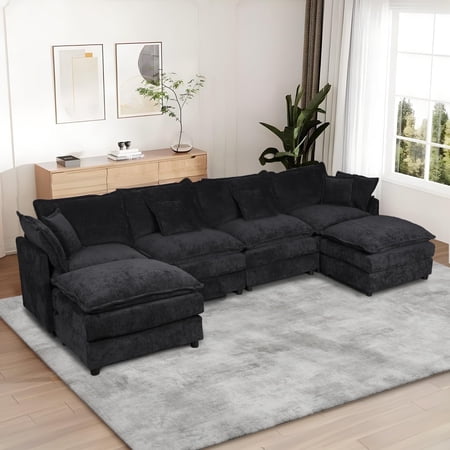 ReeQuo Modular Sectional Sofa, U Shaped Cloud Couch Comfy Set for Living Room,140.2 Inch 4-Seater Comfy Chenille Lumbar Pillow with Two Movable Ottoman for Bedroom Apartment(Black)
