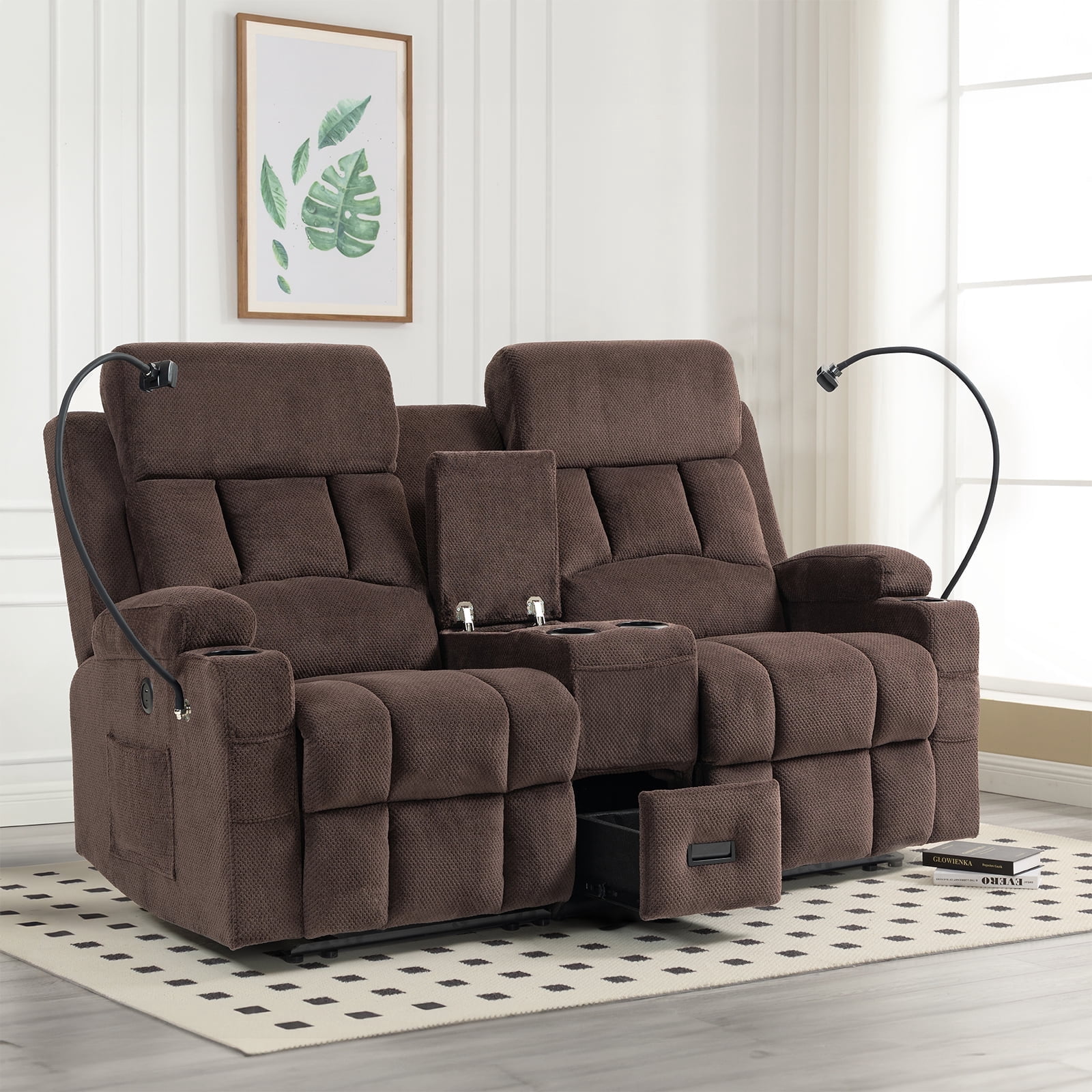 ReeQuo Oversized Reclining Loveseat with Adjustable Headrest, Dual Storage Console, USB & Type-C Charging, 4 Cup Holders & Phone Stands – Comfortable 2-Seater Recliner Sofa, Brown