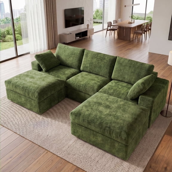 ReeQuo120" Boneless Cloud Couch, Oversized Modular Sectional Sofa with Double Layer Cushions, 28’’ Deepseat, Removable Covers, 5 Seater Soft Comfy U Shaped Couch for Living Room, No Assembly - Green