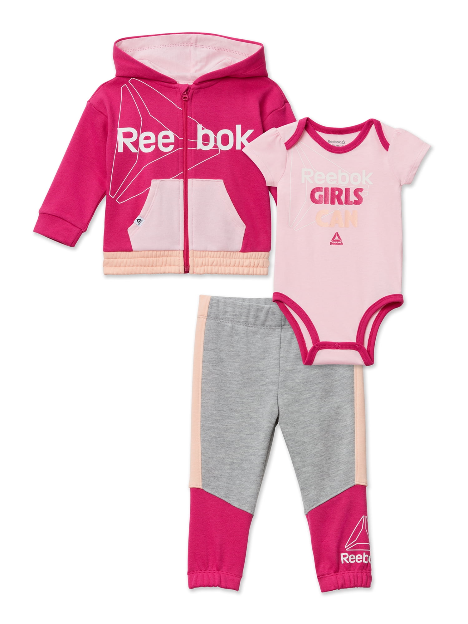 Reebok Baby Girl's Hoodie, Jogger and Bodysuit Outfit Set, 3 Piece, Sizes 0/3-24 Months