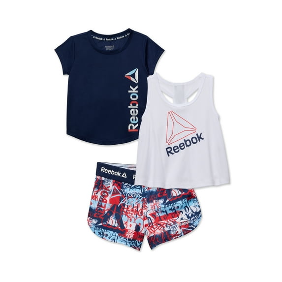 Reebok Baby and Toddler Girl Graffiti Print Tank, Tee and Shorts, 3 Piece Outfit Set, 12 Months-5T