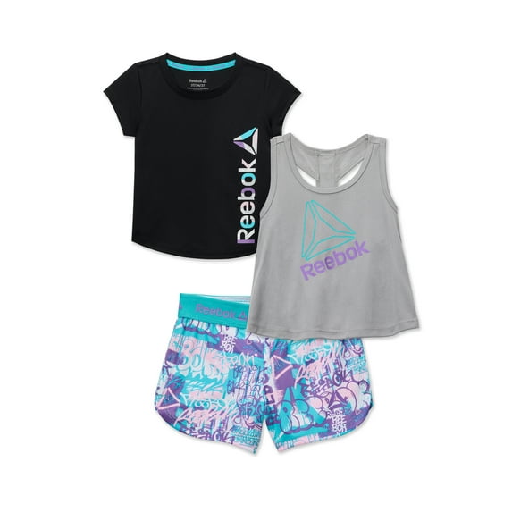 Reebok Baby and Toddler Girl Graffiti Print Tank, Tee and Shorts, 3 Piece Outfit Set, 12 Months-5T