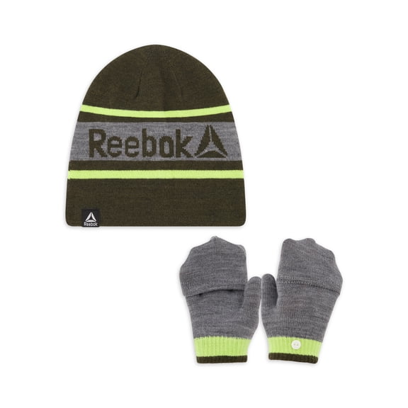 Reebok Boys Reversible Beanie with Pop Top Mittens Set